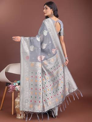 grey linen cotton with jacquard work and zari weaving saree with blouse 4