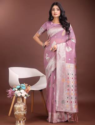 purple linen cotton with jacquard work and zari weaving saree with blouse 1