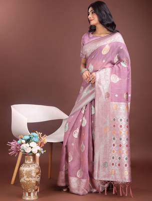 purple linen cotton with jacquard work and zari weaving saree with blouse 2