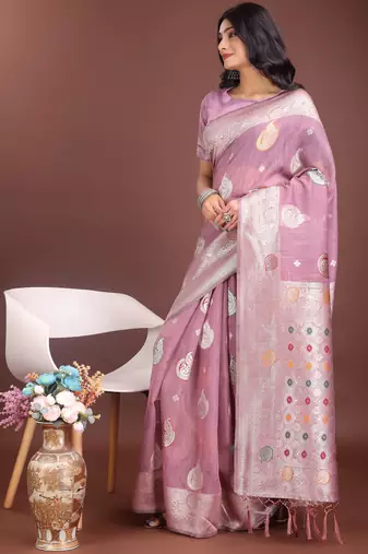 purple linen cotton with jacquard work and zari weaving saree with blouse
