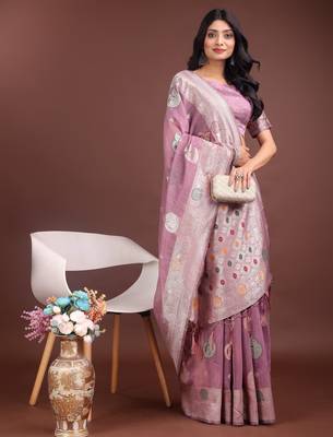 purple linen cotton with jacquard work and zari weaving saree with blouse 3