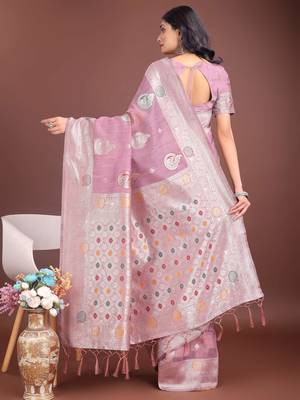 purple linen cotton with jacquard work and zari weaving saree with blouse 4