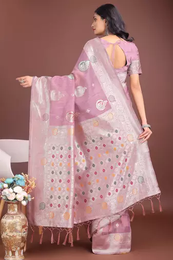purple linen cotton with jacquard work and zari weaving saree with blouse
