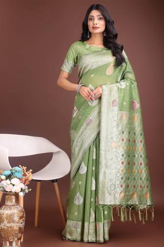 light green linen cotton with jacquard work and zari weaving saree with blouse