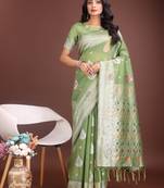 light green linen cotton with jacquard work and zari weaving saree with blouse