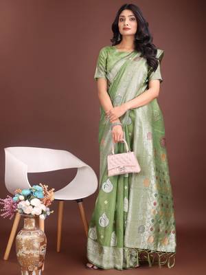 light green linen cotton with jacquard work and zari weaving saree with blouse 2