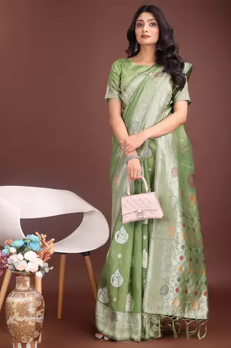 light green linen cotton with jacquard work and zari weaving saree with blouse