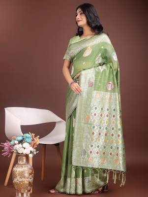 light green linen cotton with jacquard work and zari weaving saree with blouse 3