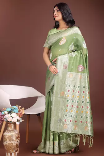 light green linen cotton with jacquard work and zari weaving saree with blouse