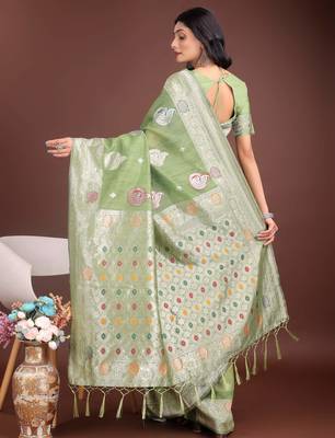 light green linen cotton with jacquard work and zari weaving saree with blouse 4