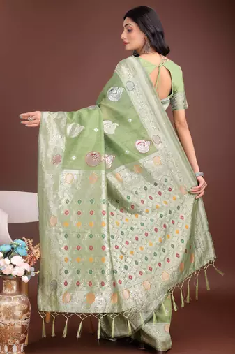 light green linen cotton with jacquard work and zari weaving saree with blouse