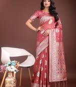 pink linen cotton with jacquard work and zari weaving saree with blouse