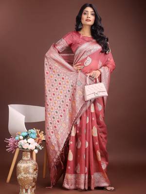 pink linen cotton with jacquard work and zari weaving saree with blouse 2