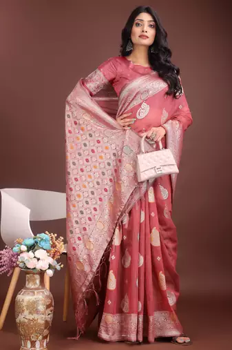 pink linen cotton with jacquard work and zari weaving saree with blouse