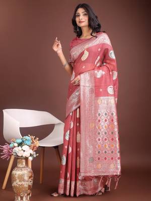 pink linen cotton with jacquard work and zari weaving saree with blouse 3