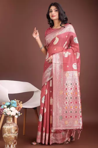 pink linen cotton with jacquard work and zari weaving saree with blouse