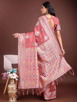 pink linen cotton with jacquard work and zari weaving saree with blouse 4