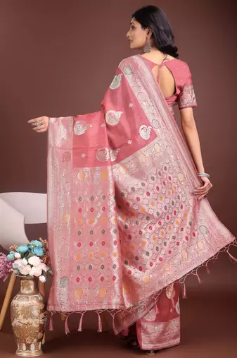 pink linen cotton with jacquard work and zari weaving saree with blouse