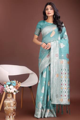 sea green linen cotton with jacquard work and zari weaving saree with blouse