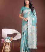 sea green linen cotton with jacquard work and zari weaving saree with blouse