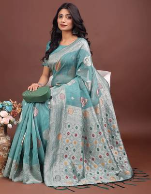 sea green linen cotton with jacquard work and zari weaving saree with blouse 2