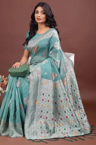 sea green linen cotton with jacquard work and zari weaving saree with blouse