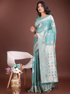 sea green linen cotton with jacquard work and zari weaving saree with blouse 3