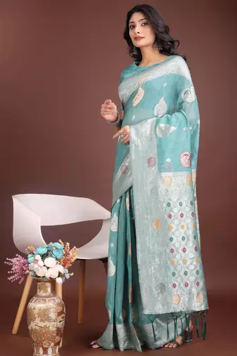 sea green linen cotton with jacquard work and zari weaving saree with blouse