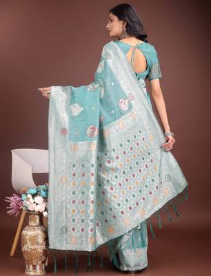 sea green linen cotton with jacquard work and zari weaving saree with blouse 4