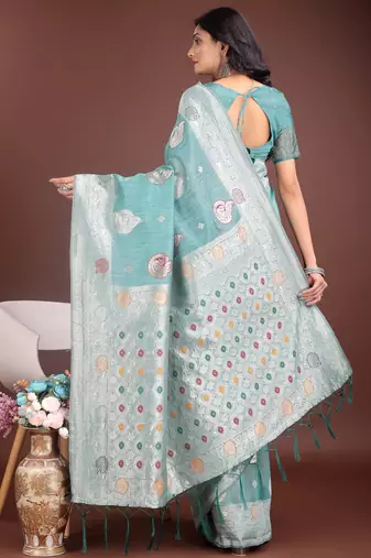 sea green linen cotton with jacquard work and zari weaving saree with blouse