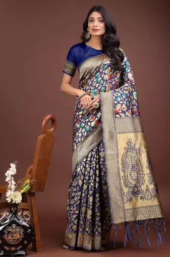 navy blue lichi art silk with jacquard work and zari weaving saree with blouse