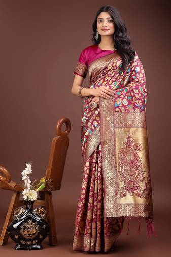 magenta lichi art silk with jacquard work and zari weaving saree with blouse