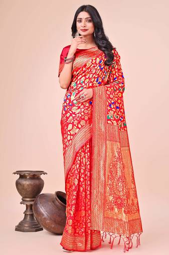red lichi art silk with jacquard work and zari weaving saree with blouse