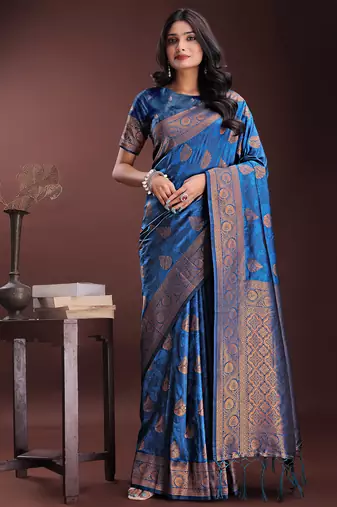 blue art silk fabric with jacquard work and zari weaving saree with blouse