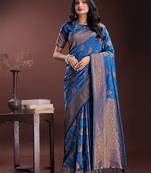 blue art silk fabric with jacquard work and zari weaving saree with blouse