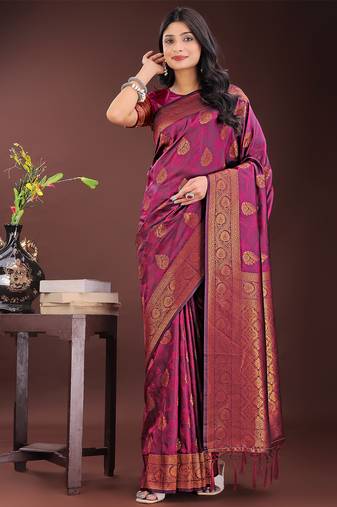 purple art silk fabric with jacquard work and zari weaving saree with blouse