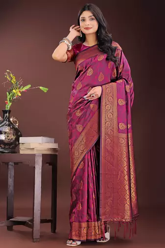 purple art silk fabric with jacquard work and zari weaving saree with blouse