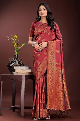 maroon art silk fabric with jacquard work and zari weaving saree with blouse