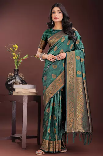 dark green art silk fabric with jacquard work and zari weaving saree with blouse