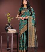 dark green art silk fabric with jacquard work and zari weaving saree with blouse