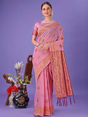 light pink linen cotton with jacquard work and zari weaving saree with blouse 1