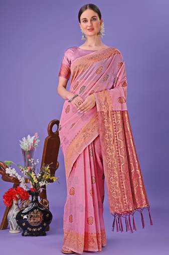 light pink linen cotton with jacquard work and zari weaving saree with blouse