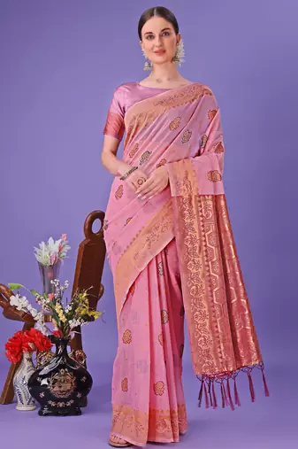 light pink linen cotton with jacquard work and zari weaving saree with blouse