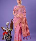 light pink linen cotton with jacquard work and zari weaving saree with blouse
