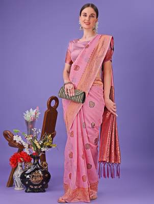 light pink linen cotton with jacquard work and zari weaving saree with blouse 2