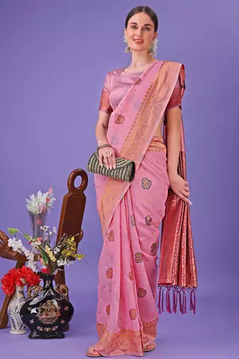 light pink linen cotton with jacquard work and zari weaving saree with blouse