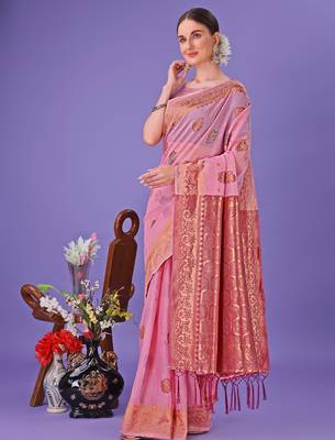 light pink linen cotton with jacquard work and zari weaving saree with blouse 3