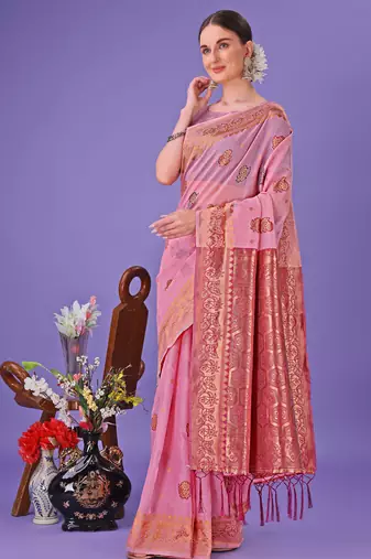 light pink linen cotton with jacquard work and zari weaving saree with blouse