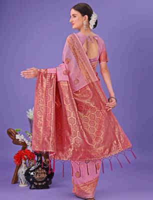 light pink linen cotton with jacquard work and zari weaving saree with blouse 4