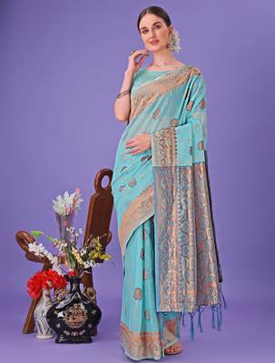 sea green linen cotton with jacquard work and zari weaving saree with blouse 1